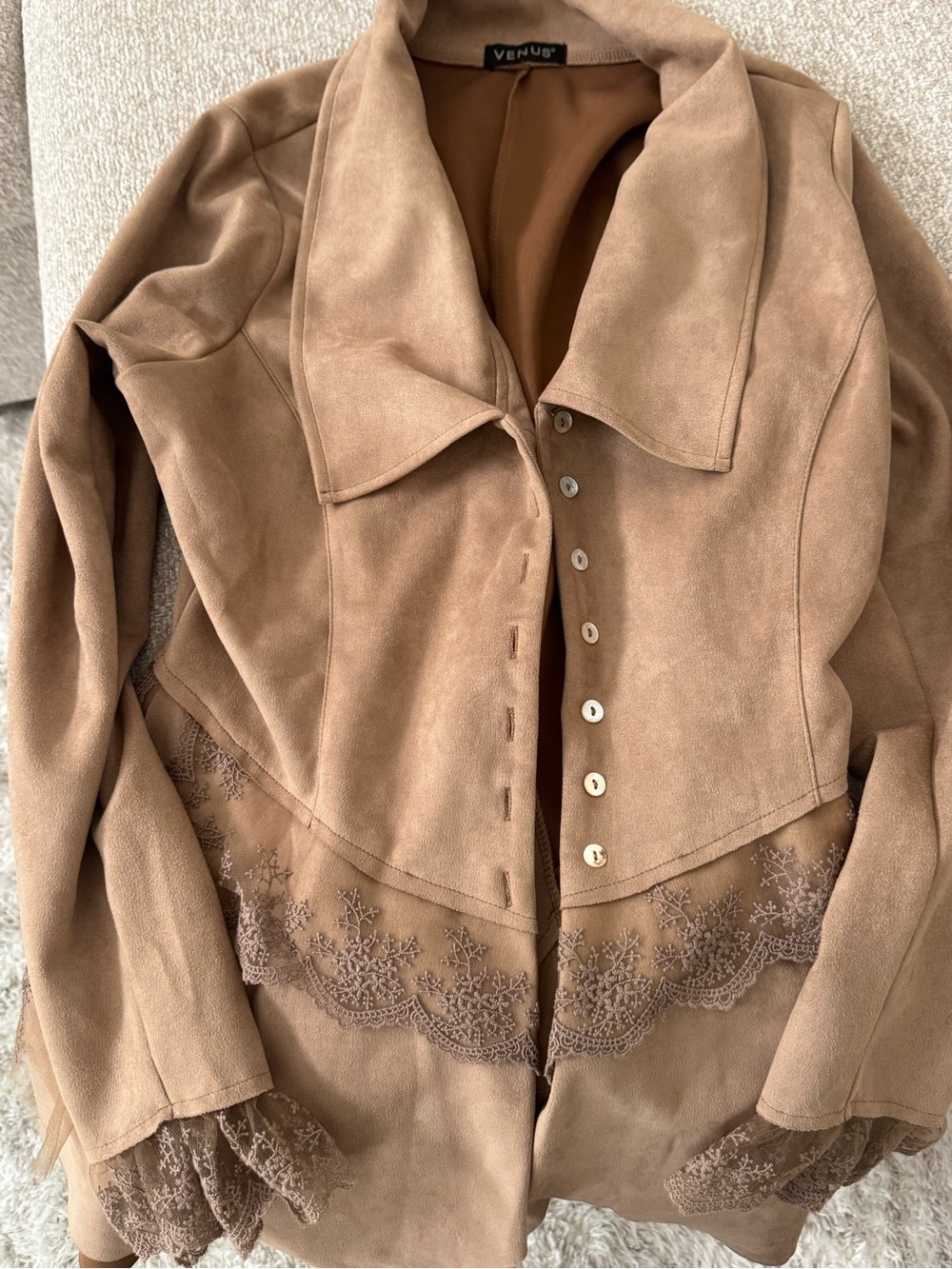 VENUS Taupe Suede-Look Lace Trim Jacket
